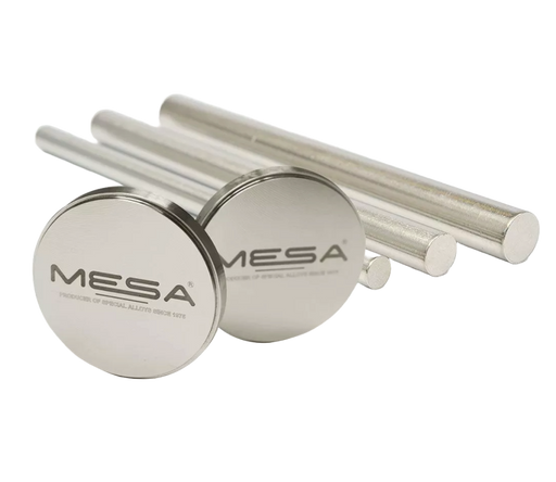Image shows cobalt-chrome dental milling discs and bars from MESA Italy