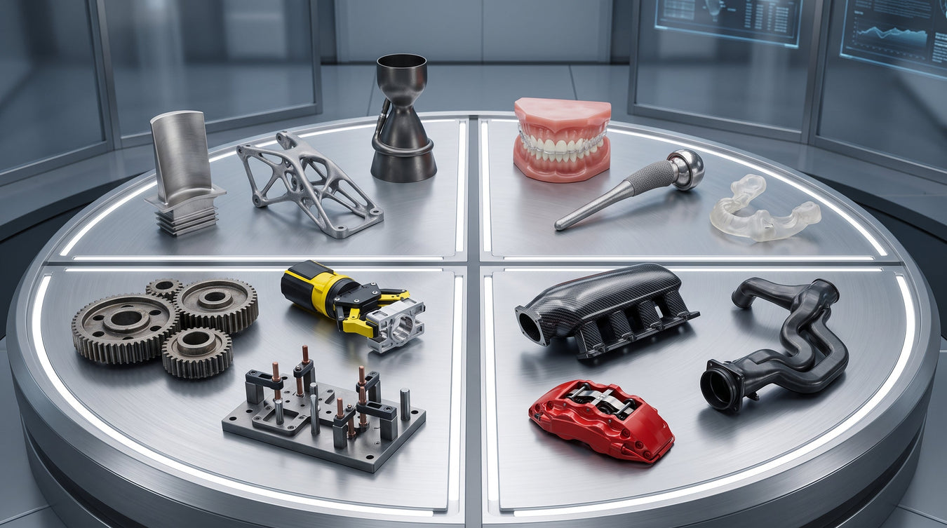 Four-quadrant showcase of additive manufacturing applications including medical implants, manufacturing jigs, turbine blades, and automotive manifolds