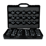 An image of an open, black hard-plastic protective carrying case containing a 360-degree magnetic target kit for 3D scanning. Inside the custom foam-padded interior, 39 spherical, semi-glossy black magnetic targets are neatly organized. 