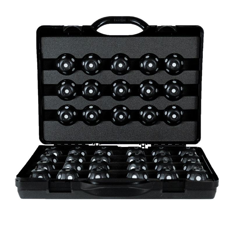 An image of an open, black hard-plastic protective carrying case containing a 360-degree magnetic target kit for 3D scanning. Inside the custom foam-padded interior, 39 spherical, semi-glossy black magnetic targets are neatly organized. 