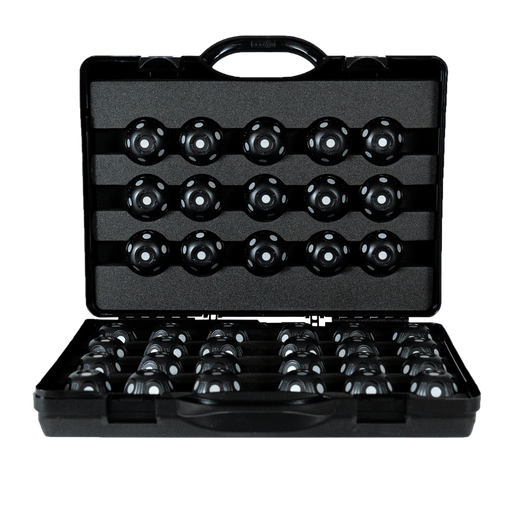 An image of an open, black hard-plastic protective carrying case containing a 360-degree magnetic target kit for 3D scanning. Inside the custom foam-padded interior, 39 spherical, semi-glossy black magnetic targets are neatly organized. 