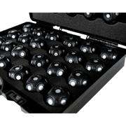 Set of dome-shaped spheres covered in multiple circular, white retro-reflective tracking dots in a black carrying case 
