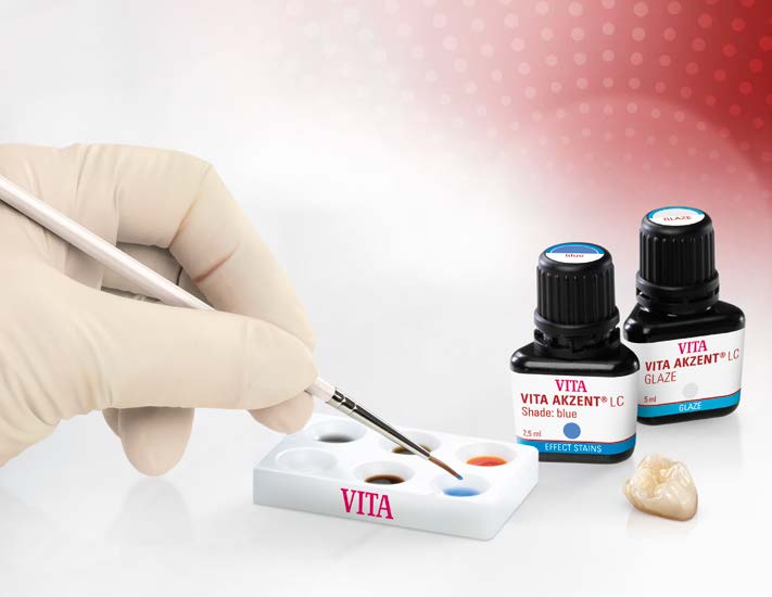 Image shows VITA AKZENT LC Shade Blue and AKZENT LC GLAZE bottles for dental restorations