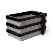 Stackable resin tanks with black lids for Form 4L 3D Printer on a transparent background