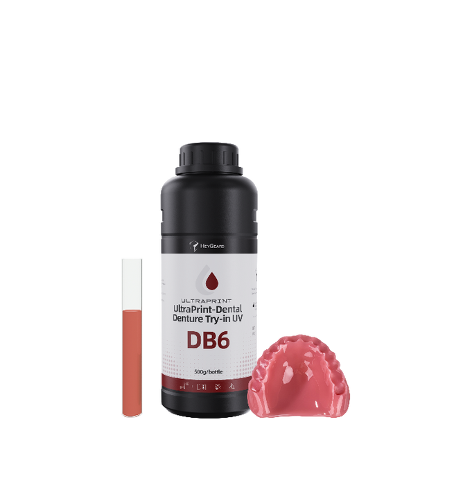 UltraPrint-Dental Denture Try-in UV DB6 bottle with a sample and a denture model on a white background