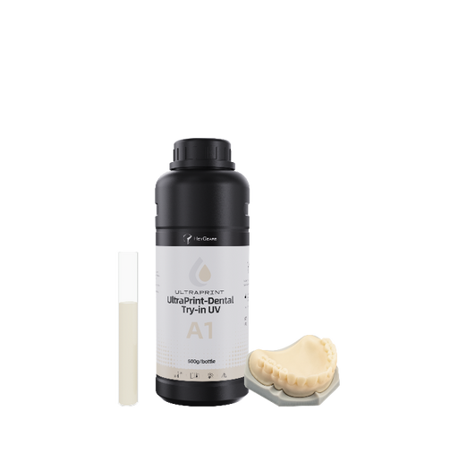 Dental resin bottle HeyGears Try-in UV 2.0 with a 3D printed model 
