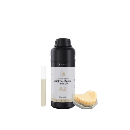 Dental resin bottle HeyGears Try-in UV 2.0 with a 3D printed model 