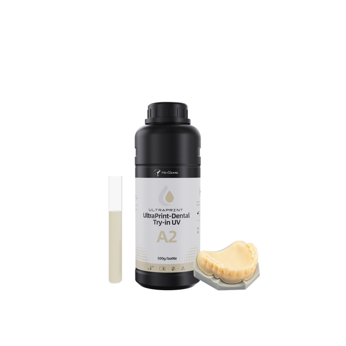 Dental resin bottle HeyGears Try-in UV 2.0 with a 3D printed model 
