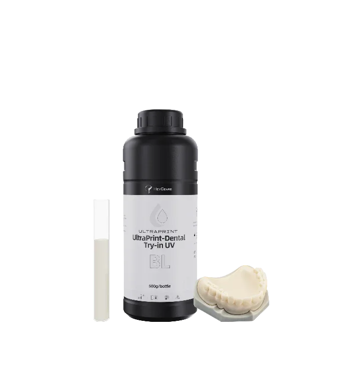 Dental resin bottle HeyGears Try-in UV 2.0 with a 3D printed model 