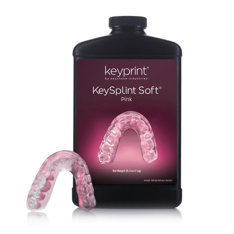 Image of KeySplint Soft Pink Resin with a 3D printed mouthguard on the side