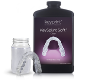 Image of KeySplint Soft Clear resin bottle with a 3D printed mouthguard on the side
