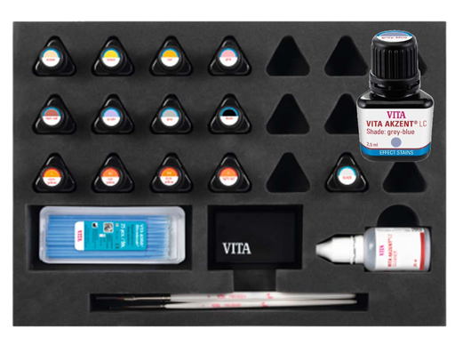 Image shows VITA AKZENT LC Expert Kit for dental restorations' characterization and glazing