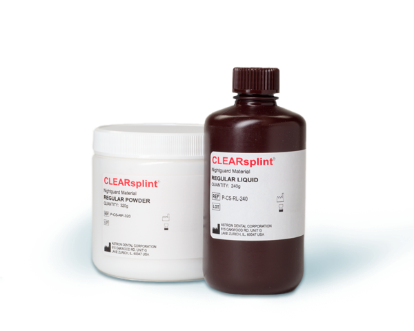 Image shows CLEARsplint liquid and powder for nightguards and bite splints fabrication