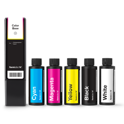 Set of resin pigment bottles labeled Cyan, Magenta, Yellow, Black, and White with a Color Base container on a white background.