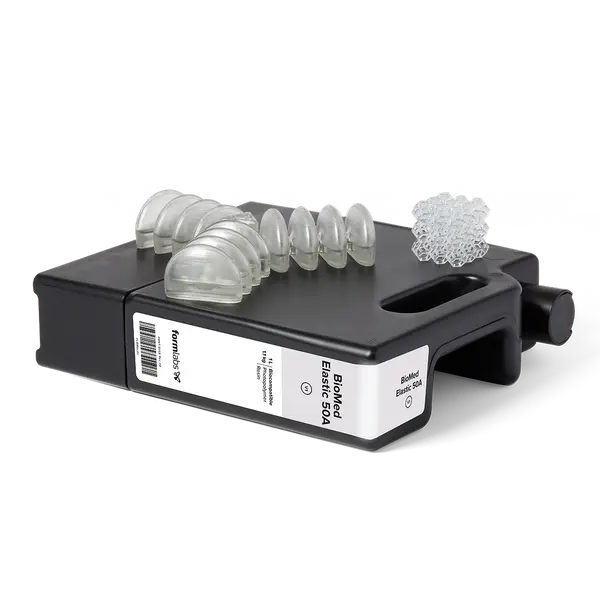 Image shows Formlabs cartridge of BioMEd Elastic 50A Resin for SLA 3D printing