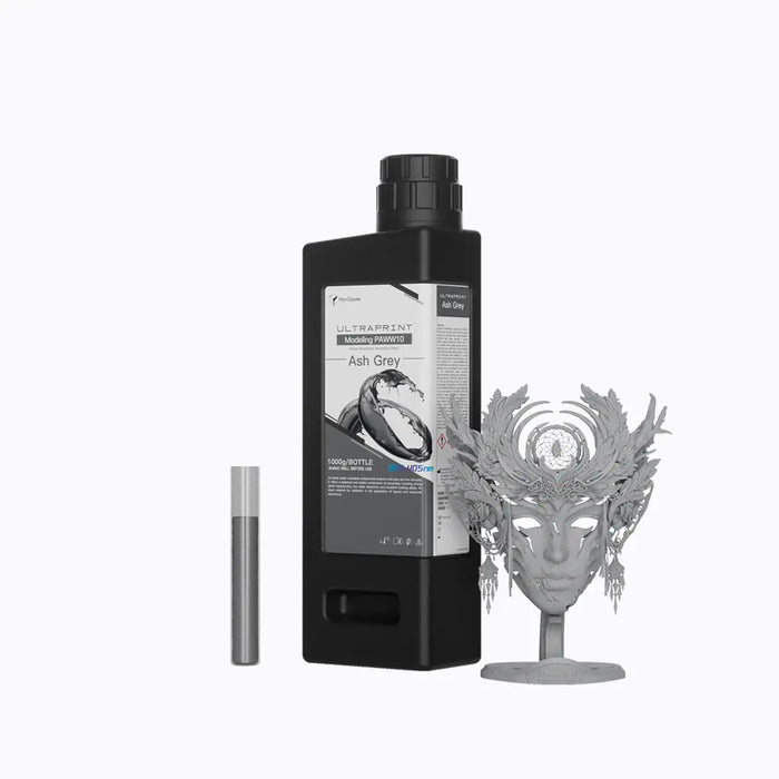 Image shows a HeyGears paww10 resin cartridge and a 3D printed figurine