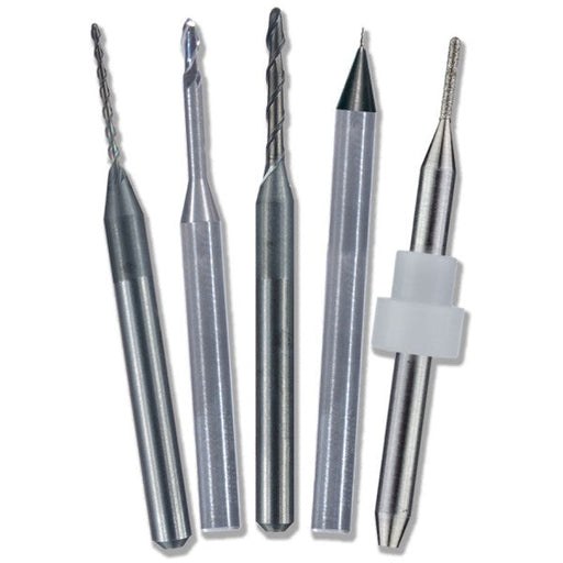 Image shows various dental milling tools for Roland milling machines