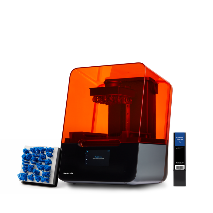 Image shows Form 3 SLA 3D Printer and its build platform with jewelry mold 3D printed with Formlabs Castable Wax 40 Resin
