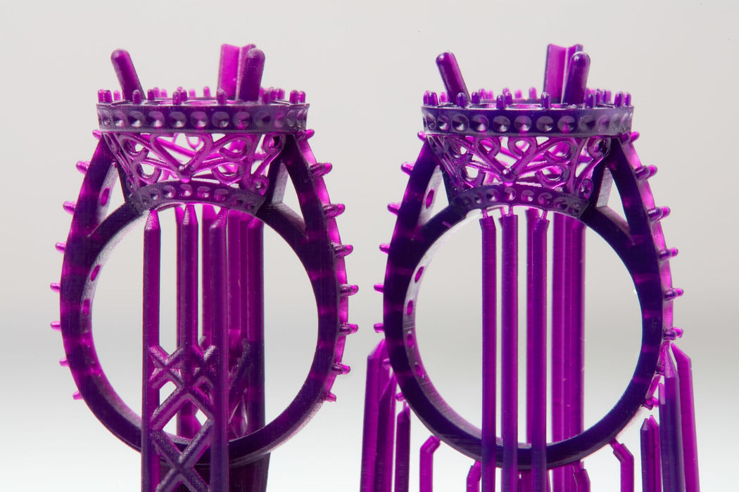 Image shows jewelry molds and ring models 3D-printed with Formlabs Wax resin for SLA 3D printing