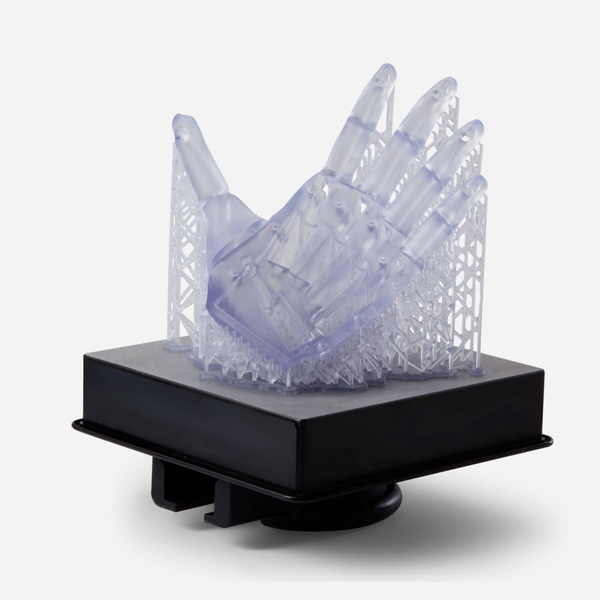 Image shows Formlabs build platform with a 3D-printed hand model produced with Formlabs Flexible 80A Resin - Proto3000 Online Store